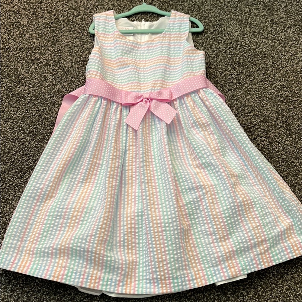 Colorful Striped Sleeveless Dress with Pink Bow. Worn once